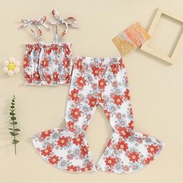 Clothing Sets Kid Toddler Baby Girl Summer Outfits Flower Tie-Up Spaghetti Straps Crop Tank Tops Flare Pants 2Pcs Clothes Set