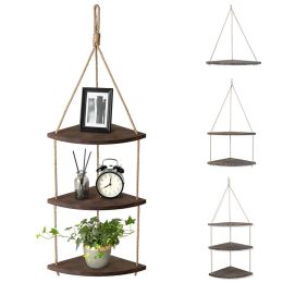 Racks 1/2/3 Layers Retro Rope Wood Hanging Rack Corner Wall Shelf House Storage Organiser Ladder Floating