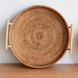 Baskets Rattan Storage Tray Round Basket Handle Handwoven Rattan Wicker Bread Food