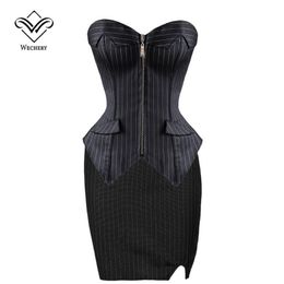 Corset Sexy Corsets and Bustiers Burlesque Black Stripe Corset with Skirt Zipper Lace Up Corsages Sexy Corselet Plus Size S-6XL226x