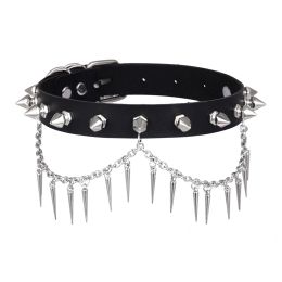 Necklaces Punk Spiked Choker Necklace For Women Men Black Leather Collar Chain Studded Chocker Goth Jewellery Halloween Accessories
