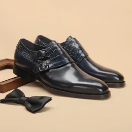 Dress Shoes Spring/Autumn Handmade Slip-On Balck/Blue Genuine Leather Carved Oxford Flat Men