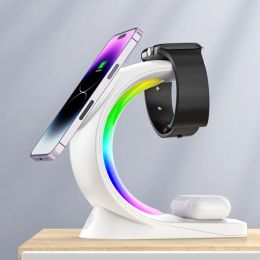 Chargers Multifunctional Wireless Charger Stand Earphone Holder RGB Light Fast Charging Dock Station for iPhone 14 13 12 IWatch