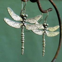 Dangle Chandelier Vintage Dragonfly Design Carved Pattern Earrings Retro Bohemian Style Silver Color Jewelry Trendy Female Ear Ornaments H240423