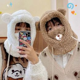 Berets Bear Ear Hat Lamb Plush Winter Head Hood Thickened Warm Headset Protection One Mask Beanies Autumn Skullies For Women Girls