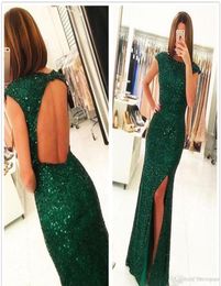 2019 Sheath Long Prom Dress Dark Green Sequined Split Formal Holidays Wear Graduation Evening Party Gown Custom Made Plus Size3110965