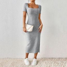 Casual Dresses Women Dress Elastic Square Neck Split Hem Knitted Solid Color Mid-calf Length Short Sleeves Lady Midi For Summer