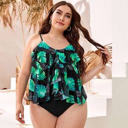 Large Size Split Swimsuit with Leaf Print Strap and Lotus Leaf High Waisted Bikini