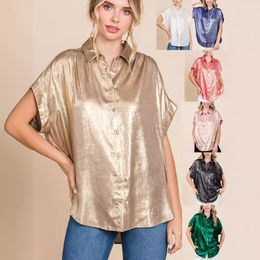 Short sleeved shirt, single row loose fitting women's top, bat sleeve, luxurious hot stamping, shiny gold, single row button short sleeved shirt