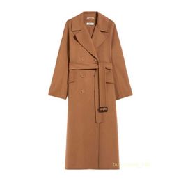 Women's Coat Cashmere Coat Luxury Coat Maxmaras Womens Handsewn Large Flip Collar Double Breasted Buckle Mid Length Brown Double Layered Wool Coat