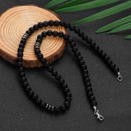 Necklaces Natural Frosted Stone Beaded Necklace Men Jewellery Simple Handmade Hematite Necklace Gift for Boyfriend Black Chokers