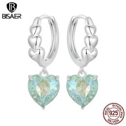 Charm BISAER 925 Sterling Silver Heart Buckles For Elegant Woman Blue-green Zircon Hoop Earrings Plated Platinum Fine Jewellery ECE1706 Y240423