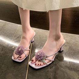 Slippers Flower Mid Heels Women Chunky Sandals Summer Party Dress Shoes 2024 Flip Flops Slides Slingback Chaussures Femme