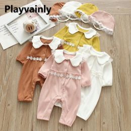 One-Pieces 2022 New Spring Baby Girls Romper Lace Peter Pan Collar Long Sleeves Soft Jumpsuit with Cute Cap Infant Cotton Outfits E1041