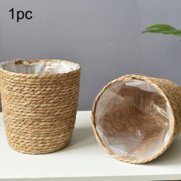 Planters 1pcs Handmade Wicker Rattan Basket Planter Storage Baskets Garden Flower Pot With Waterproof Liner Home Decoration Landscape