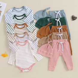 Clothing Sets Baby Boys And Girls Set Long Sleeve Crew Neck Striped Romper With Pants Hat Infant Clothes
