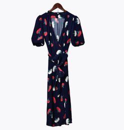 2020 Spring 34 Sleeve V Neck Blue Floral Print Belted Buttons MidCalf Wrap Dress Women Fashion Dresses W18150435150722