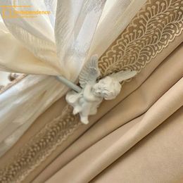 Curtain French Light Luxury Blackout Velvet Beautiful Romantic Fairy Milk Tea Color Lace Curtains For Living Dining Room Bedroom