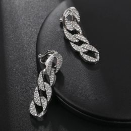 Earrings Luxury Shiny AAAA Rhinestone Cable Chain Tassel Dangle Clip on Earrings No Pierced for Women Wedding Party Elegant Jewellery Gift