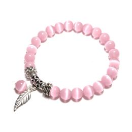 Strands Genuine Cat Eyes Stone Bracelet For Women Natural Moonstone Braslet Leaf Pendant Braclet Pink Opal Brazalete Girlfriend Gift