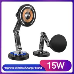 Chargers 15W Magnetic Car Wireless Charger 360 Rotation Aluminum Foldable Stand Carregadores Sem Fio For Iphone 14 13 12 Pro Max Samsung