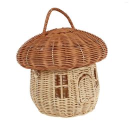 Storage Bottles Wicker Rattan Mushroom Basket Child Mini Trash Can Lid Hanging Desktop Adornment