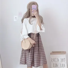 Work Dresses Women Two-piece Lace T-shirt Medium Length Plaid Skirt Fashion Set Round Neck Top Drawstring Style Temperament