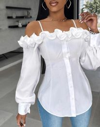 Women's T Shirts Woman Blouse 2024 Spring Fashion Ruffle Hem Buttoned Off Shoulder Casual Plain Long Sleeve Daily Shirt Top Y2K Clothes