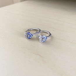 Authentic 925 Sterling Silver Blue Pansy Flower Hoop Earrings Suitable for Earrings Stud Jewelry 290775C01 Fashion Gift Women's Earrings