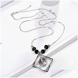 Pendant Necklaces Necklace Womens Korean-Style Ornament Long Japanese Simple All-Match Square Rhinestone Sweater Drop Delivery Dhxrp