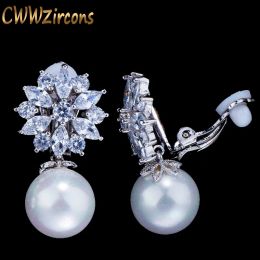 Earrings CWWZircons Designer CZ Crystal Flower Pearl No Hole Earrings for Women Fashion Jewelry Ear Clip On Non Pierced Earring CZ408