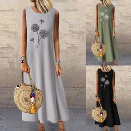Womens Dandelion Printed Cotton And Linen Pocket Round Neck Sleeveless Vest Long Dress