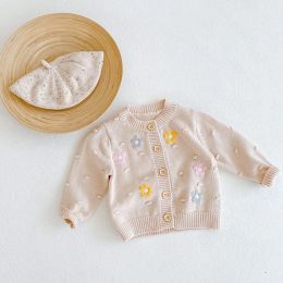 Sweaters Baby Girls Sweater New Autumn Cardigan Long Sleeve Cotton Top Baby Clothing Handmade Flowers Toddler Girls Knit Coat Kid Clothes