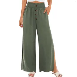 Women's Pants Flowy Wide Leg For Female Summer High Waisted Beach With Pockets Side Slit Vertical Tube Trousers Thin Ladies Slacks