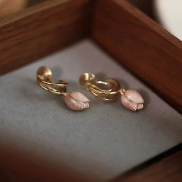 Earrings Pink Tulip Pendant Non Piercing Women Ear Clip Dangle Earrings Gold Colour Oil Dripping Process Flower Spring Summer Earring