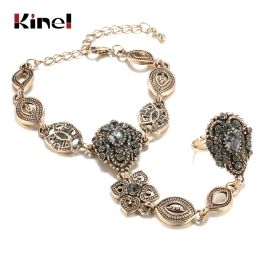 Strands Kinel Luxury Boho Charm Bracelet Link Ring For Women 585 Alloy Gold Colour Crystal Flower Link Bracelets Vintage Wedding Jewellery