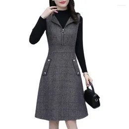 Casual Dresses Autumn Winter Women Woolen Lattice Vest Dress Female Mid Long Fashion Sleeveless External Wear Vestidos R1488