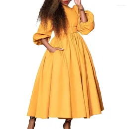 Ethnic Clothing Puff Sleeve A-line Dress African Long Dresses For Women 2024 High Collar Evening Party Waist Robe Femme Plus Size Ladies