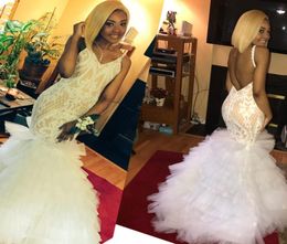 2018 Newest Mermaid Prom Dresses V Neck Spaghetti Straps Embroidery Tiered Tulle Backless Champagne Nude Ivory 2K18 Party Dresses4632396