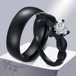 Bands Vnox Romantic Heart CZ Stone Couple Wedding Rings for Women Men, Black Color Stainless Steel Bands Engagement Jewelry, Love Gift