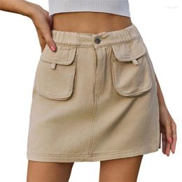 Skirts Women 3D Pocket Splicing Elastic Waist Denim Skirt Solid Colour Workwear Style Washed Wrap Hip Half-body Dress Summer Streetwear