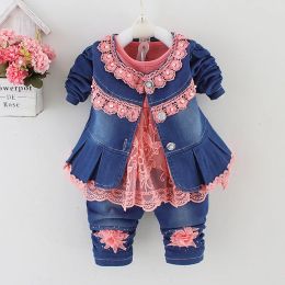 Sets Spring Autumn Infant Toddler Baby Girl Denim Clothing Sets 3 pcs Long Sleeve T Shirt Tops Denim Jacket and Jeans Trousers