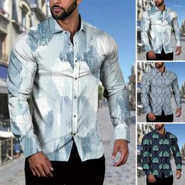 Men's Casual Shirts Men Spring Shirt Geometric Print Turn-down Collar Single-breasted Mid Length Long Sleeves Keep Warm Buttons 3D Fall T