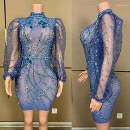 Stage Wear Rhinestone Puff Sleeve Blue Short Skirt Woman Gogo Dance Clothing Nightclub Bar Costume Festival Outfit Singer