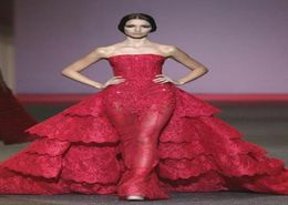Michael Cinco Red Ball Gown Evening Dresses Lace Appliques Sweep train Sheer Tulle Dress With Tiered Ruffles Strapless Formal Wome1733495