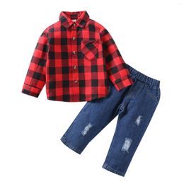 Clothing Sets Toddle Baby Kids Boys Two-piece Set Plaid Checked Shirt Tops And Ripped Jeans Fashion Outfits Clothes Girl 4t