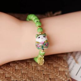 Strands Chinese Style Cute Ceramic Fortune Cat Fu Bracelet Kawaii Fortune Wish Men Women Red String Bracelet Fashion Jewelry