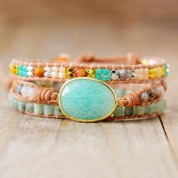 Bracelets Exquisite 3 Strand Leather Wrap Bracelets Natural Gems Stones Handmade Beaded Cord Braclet Homme Women Boho Jewellery Bijoux