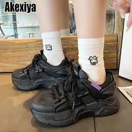 Casual Shoes Fashion Women Thick Bottom Korean Black Sneakers Breathable Walking 2024 Slip On Spring Platform Vulcanised Lace Up
