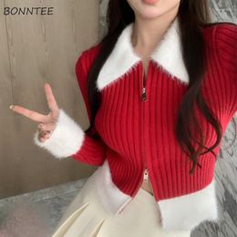 Women's Knits Cardigan Women Red Inner Knitwear Autumn Cropped Skinny Patchwork Sweater Zip-up Chandails Tender Aesthetic Clothing Mujer